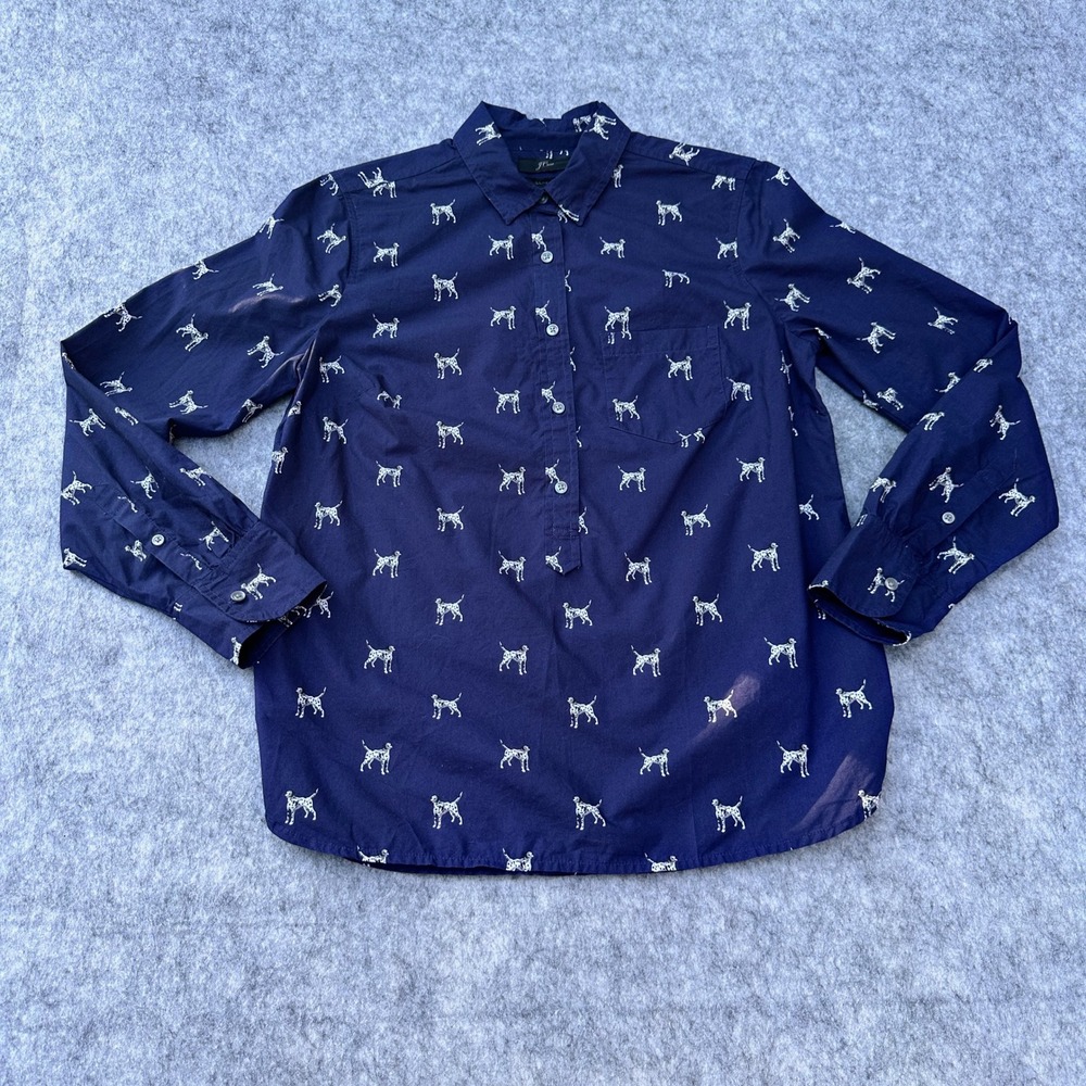 J.Crew Classic Navy Blue Dalmatian Dog Print Cotton Button Down Shirt Size 2